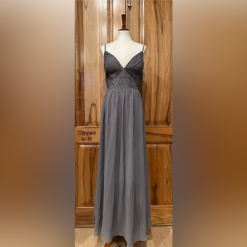 NWT Christina Wu Celebrations Lace/Chiffon Spaghetti Strap Gown Charcoal Gray 16